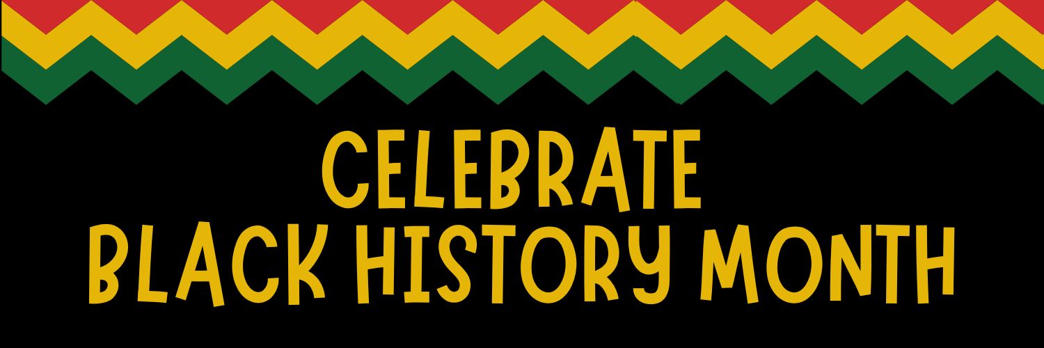 celebrate black history month in yellow text, black background, red green and yellow zig zag print at the top